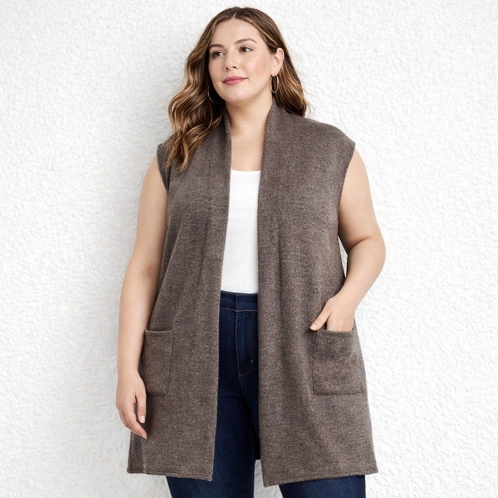 Hampshire Open Front Sleeveless Cardigan Vest Longline Taupe Pockets‎ Cozy 3X
